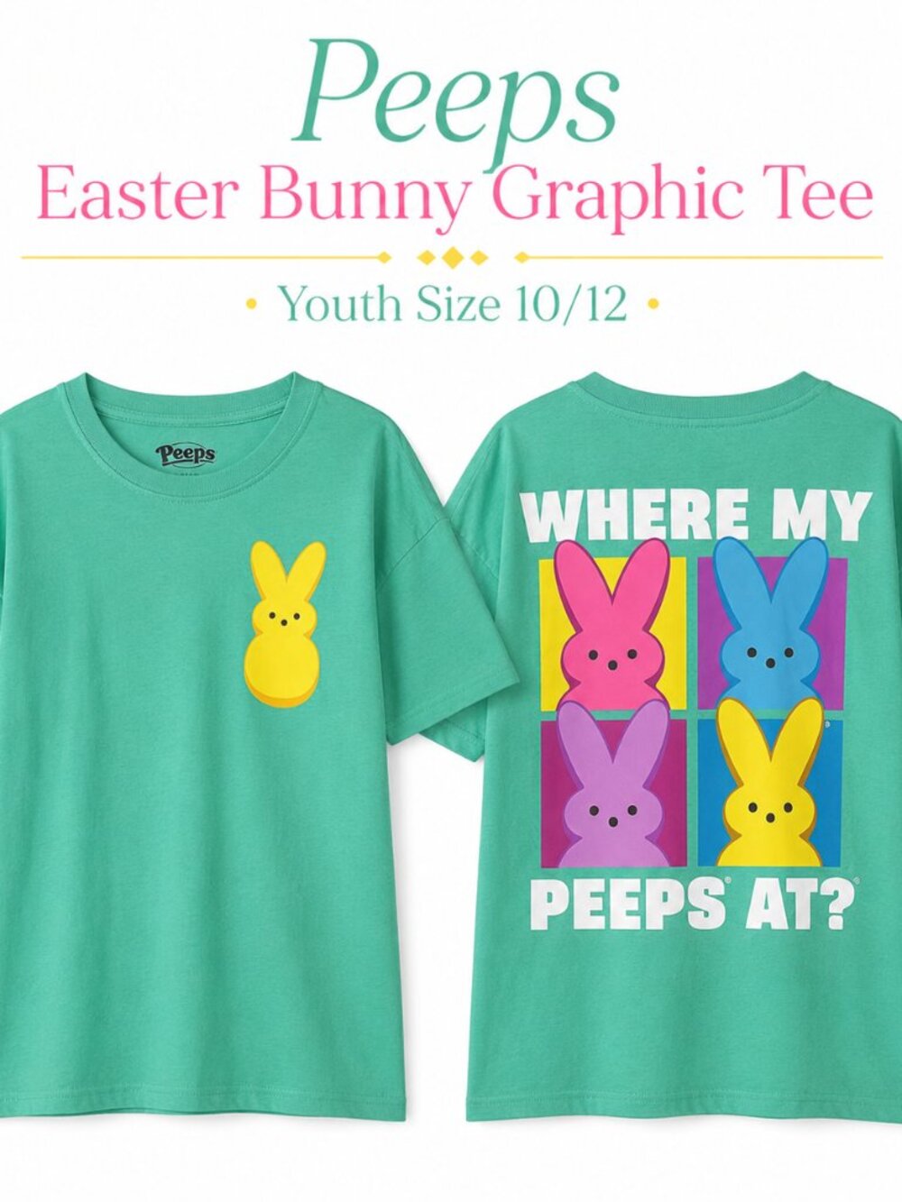 Peeps Graphic T Shirt Youth Size 10/12 Green Easter Bunny Short Sleeve Tee